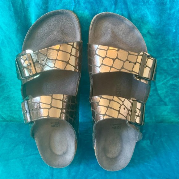 Birkenstock Shoes - Birkenstock Arizona Sandal SZ 10 Copper Metallic Gator Gleam Two-Strap comfort